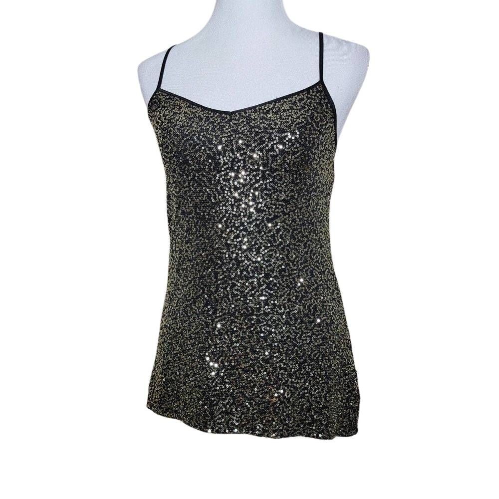 Express Sequin Shimmer Tank Top Gold Black Metallic Sparkle Cami Medium